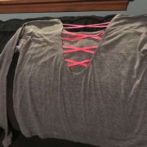Grey top with pink strappy back.